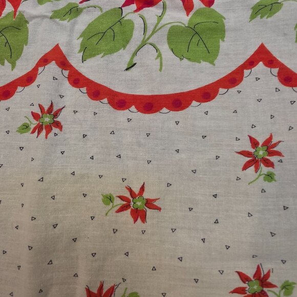 Vintage 50s Cotton Print Tablecloth Christmas poinsettia & Ribbons 63x63" Estate - Picture 3 of 7